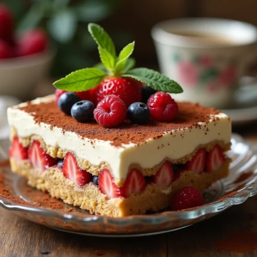 Classic Tiramisu Recipe with cocoa powder and fresh berries.