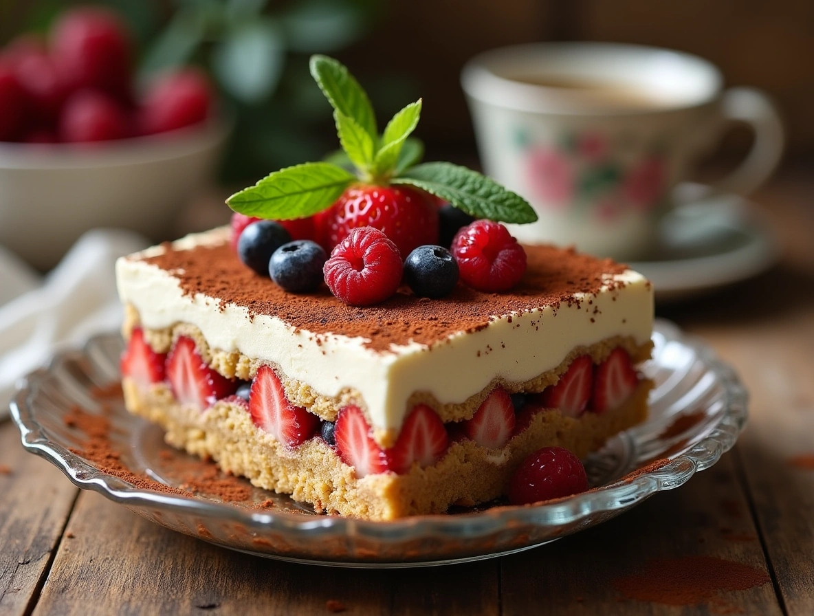 Classic Tiramisu Recipe with cocoa powder and fresh berries.