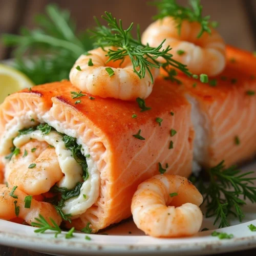 Stuffed salmon with crabmeat and shrimp garnished with lemon and dill