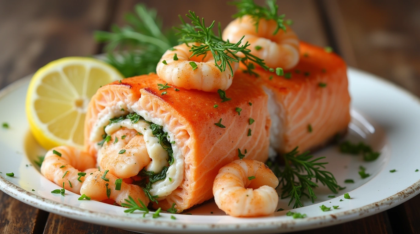 Stuffed salmon with crabmeat and shrimp garnished with lemon and dill