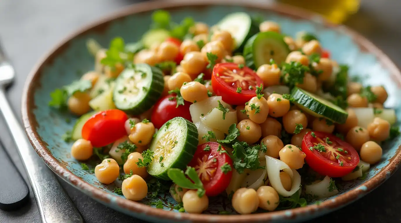 Mediterranean Chickpea Salad in a bowl with fresh ingredients like chickpeas, tomatoes, cucumber, feta, and olives