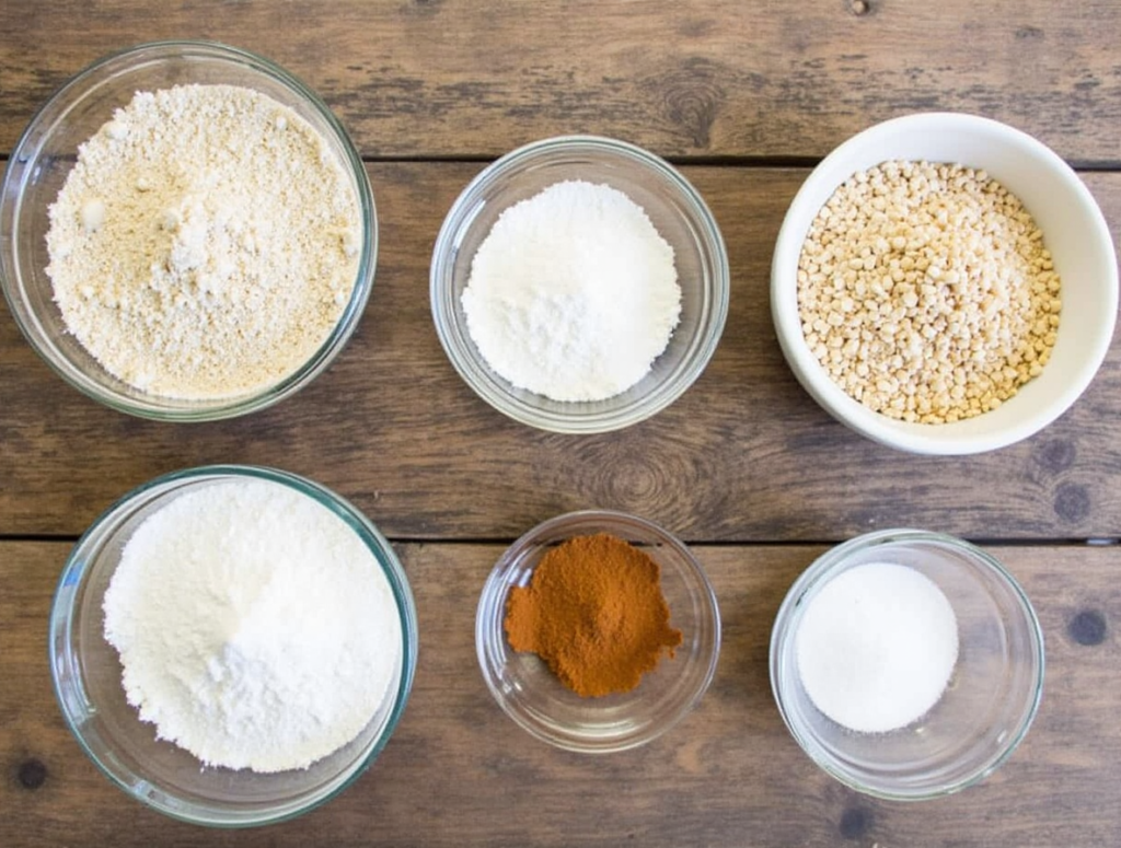 Ingredients for buckwheat pancake mix arranged on a table