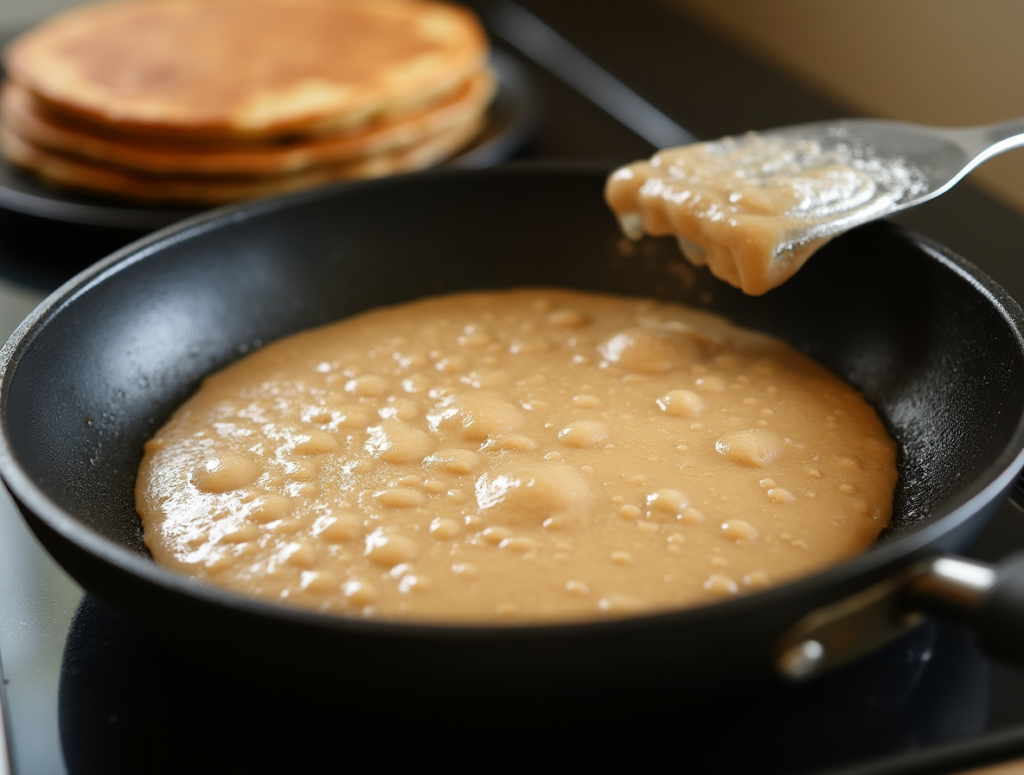 Buckwheat pancakes cooking on a skillet