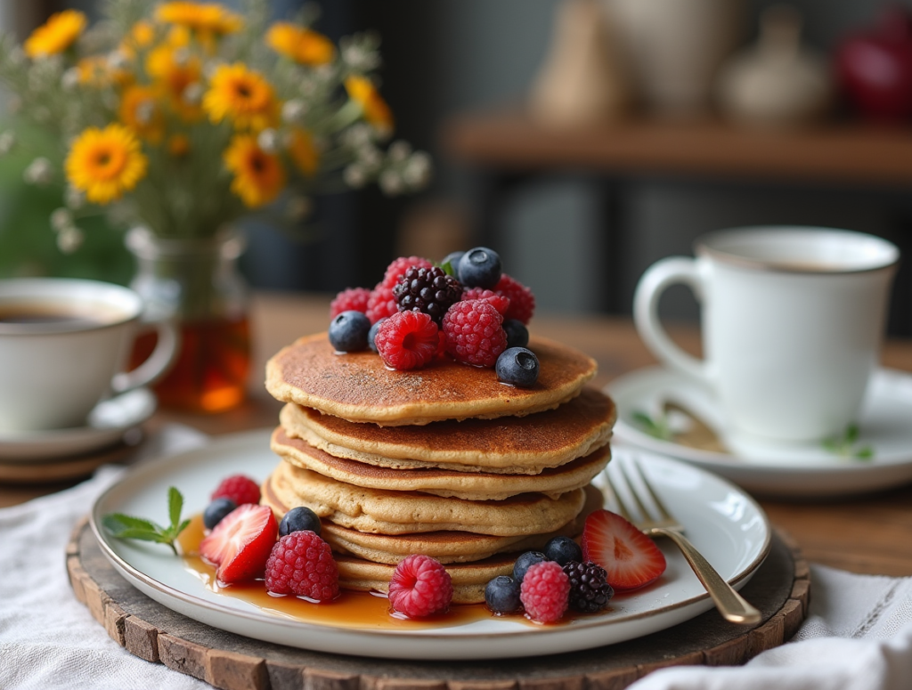 Brunch table with buckwheat pancakes and coffee